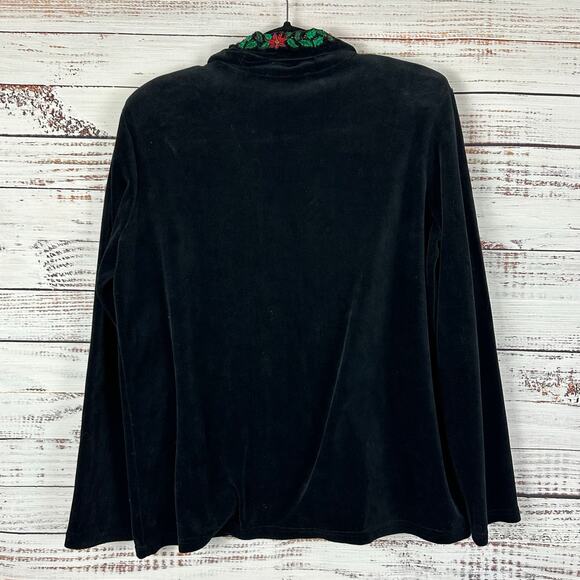 Womens VTG Karen Scott Black Velvet Velour Button Up Holiday Embroidered Top L - Picture 4 of 7